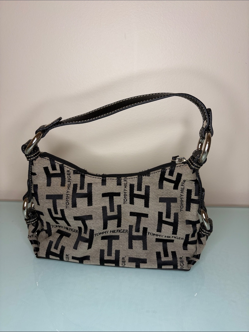 Tommy Hilfiger Black Logo Canvas Wristlet Shoulder Bag